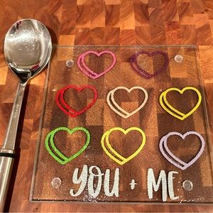 Glass cutting board/ hot plate/ spoon rest/you + Me with hearts